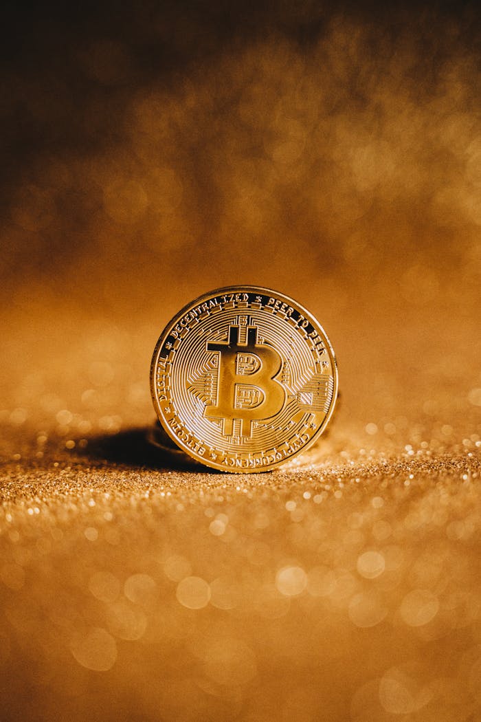 Home Close-up of a golden Bitcoin with a sparkling background, symbolizing digital finance.