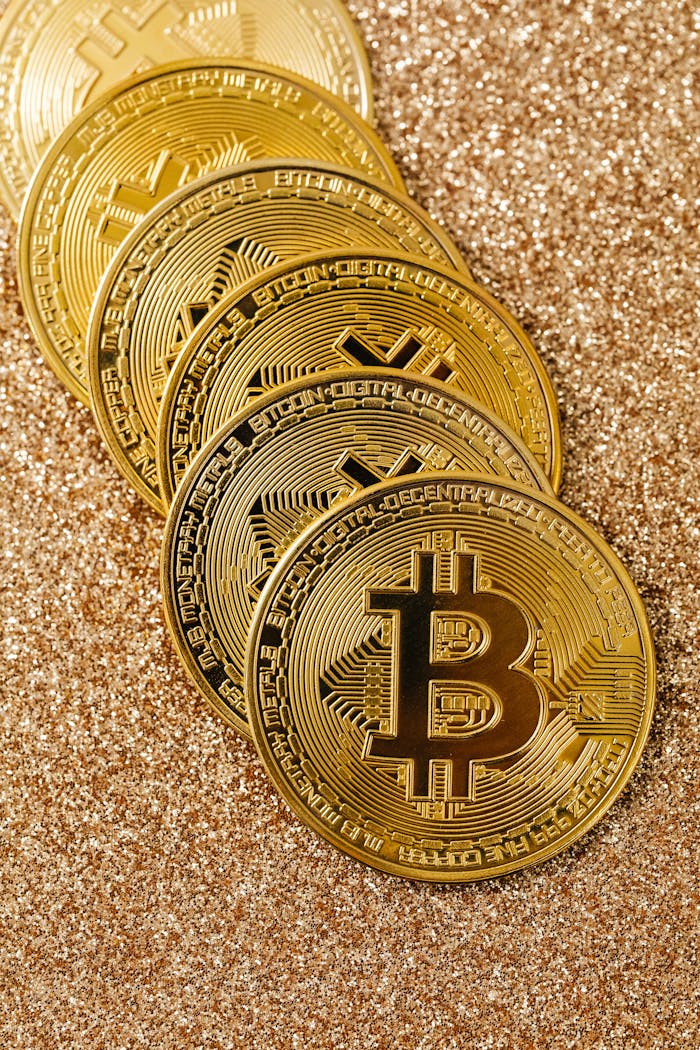 Home Golden Bitcoin cryptocurrency coins stacked on a glittering surface representing digital wealth and blockchain.